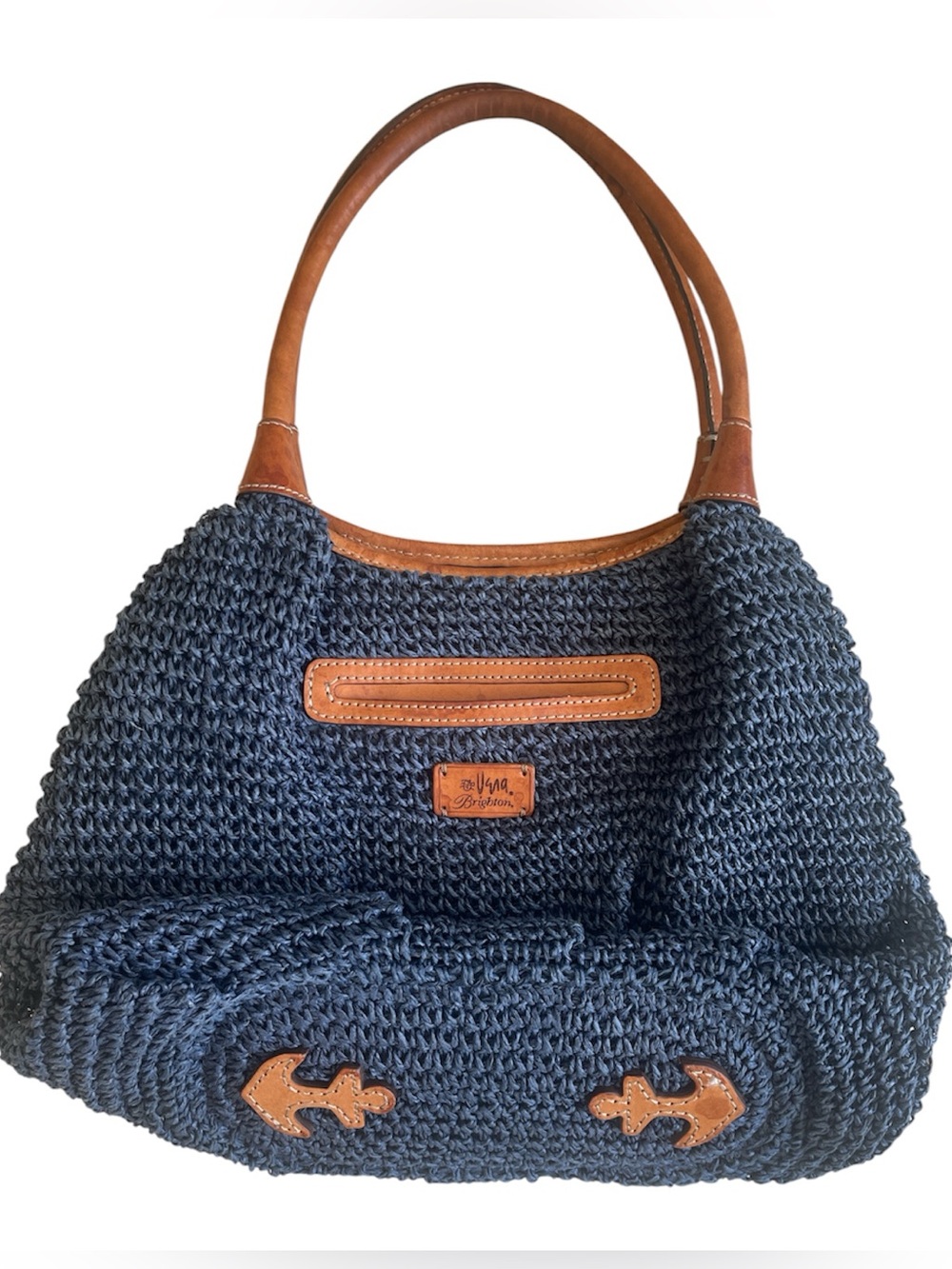 Brighton Vera Mariner Blue Straw Hobo Shoulder Bag Genuine Leather Trim